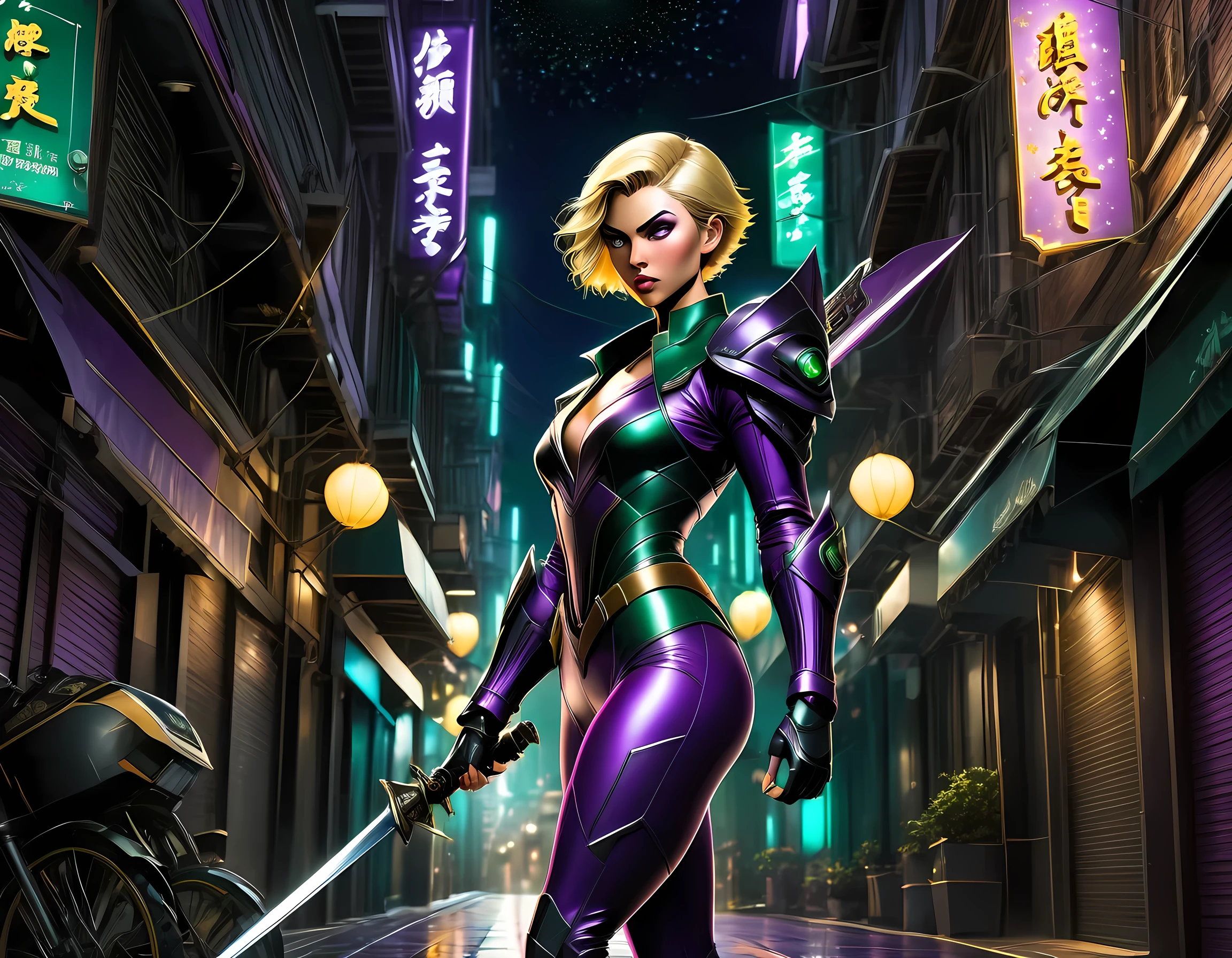 high details, best quality, 16k, [ultra detailed], masterpiece, best quality, (extremely detailed), full body, ultra wide shot, photorealistic, a picture of a woman assassin ready to combat in a dark alley, she holds a sword in hand, exquisite beautiful woman, she has pixie cut blond hair, emerald green eyes, she wears a (purple: 1.3) (tight leather suit: 1.4), the suit has mecha gadgets, dynamic color suit, she kneels in fantasy dark street of fantasy setting city, its night time, the moon is high in the sky, many stars in the night, high details, best quality, highres, ultra wide angle, DonMN1gh7XL, cybrk