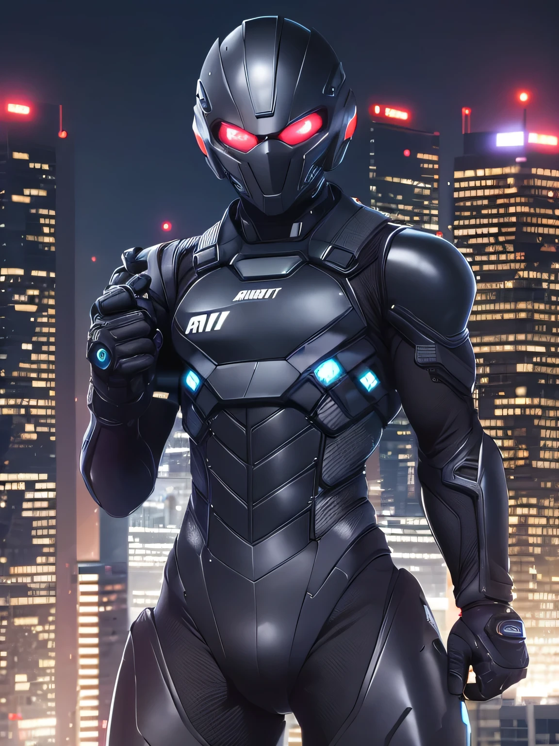 GANTZ costume, extremely tight black Full Body Combat Suit, (Aim the gun), full face helmet, Black gloves, Action pose, skyscraper roof, overlooking a city, detailed background, ((nighttime, darkness, low light pollution)),