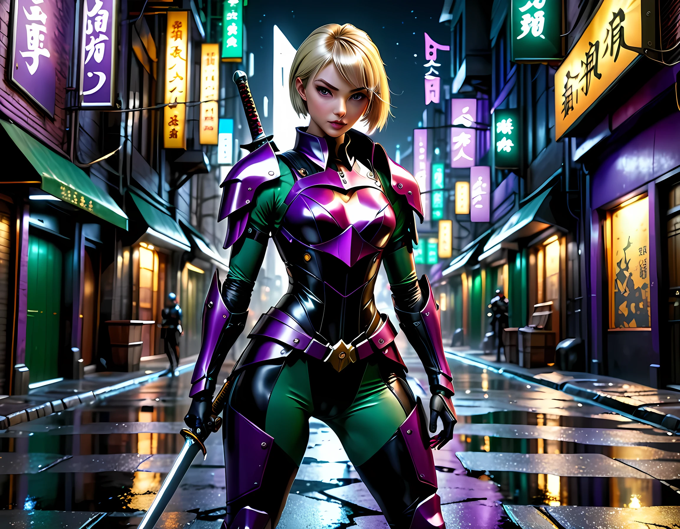 high details, best quality, 16k, [ultra detailed], masterpiece, best quality, (extremely detailed), full body, ultra wide shot, photorealistic, a picture of a woman assassin ready to combat in a dark alley, she holds a sword in hand, exquisite beautiful woman, she has pixie cut blond hair, emerald green eyes, she wears a (purple: 1.3) (tight leather suit: 1.4), the suit has mecha gadgets, dynamic color suit, she kneels in fantasy dark street of fantasy setting city, its night time, the moon is high in the sky, many stars in the night, high details, best quality, highres, ultra wide angle, DonMN1gh7XL, cybrk