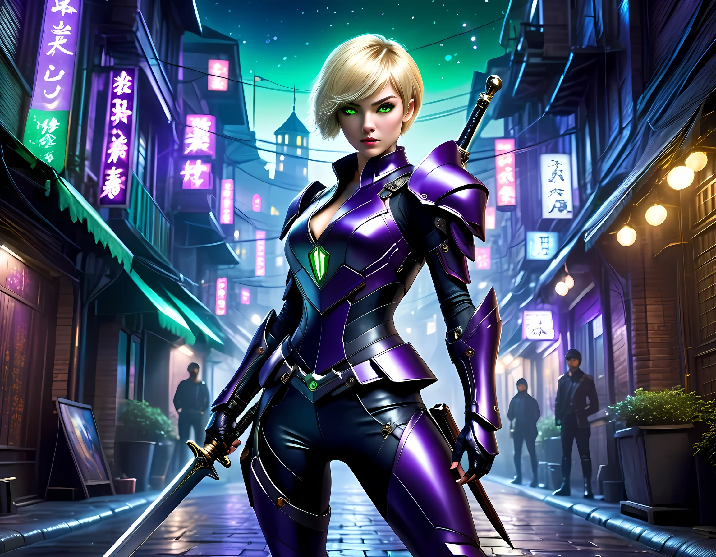 high details, best quality, 16k, [ultra detailed], masterpiece, best quality, (extremely detailed), full body, ultra wide shot, photorealistic, a picture of a woman assassin ready to combat in a dark alley, she holds a sword in hand, exquisite beautiful woman, she has pixie cut blond hair, emerald green eyes, she wears a (purple: 1.3) (tight leather suit: 1.4), the suit has mecha gadgets, dynamic color suit, she kneels in fantasy dark street of fantasy setting city, its night time, the moon is high in the sky, many stars in the night, high details, best quality, highres, ultra wide angle, DonMN1gh7XL, cybrk