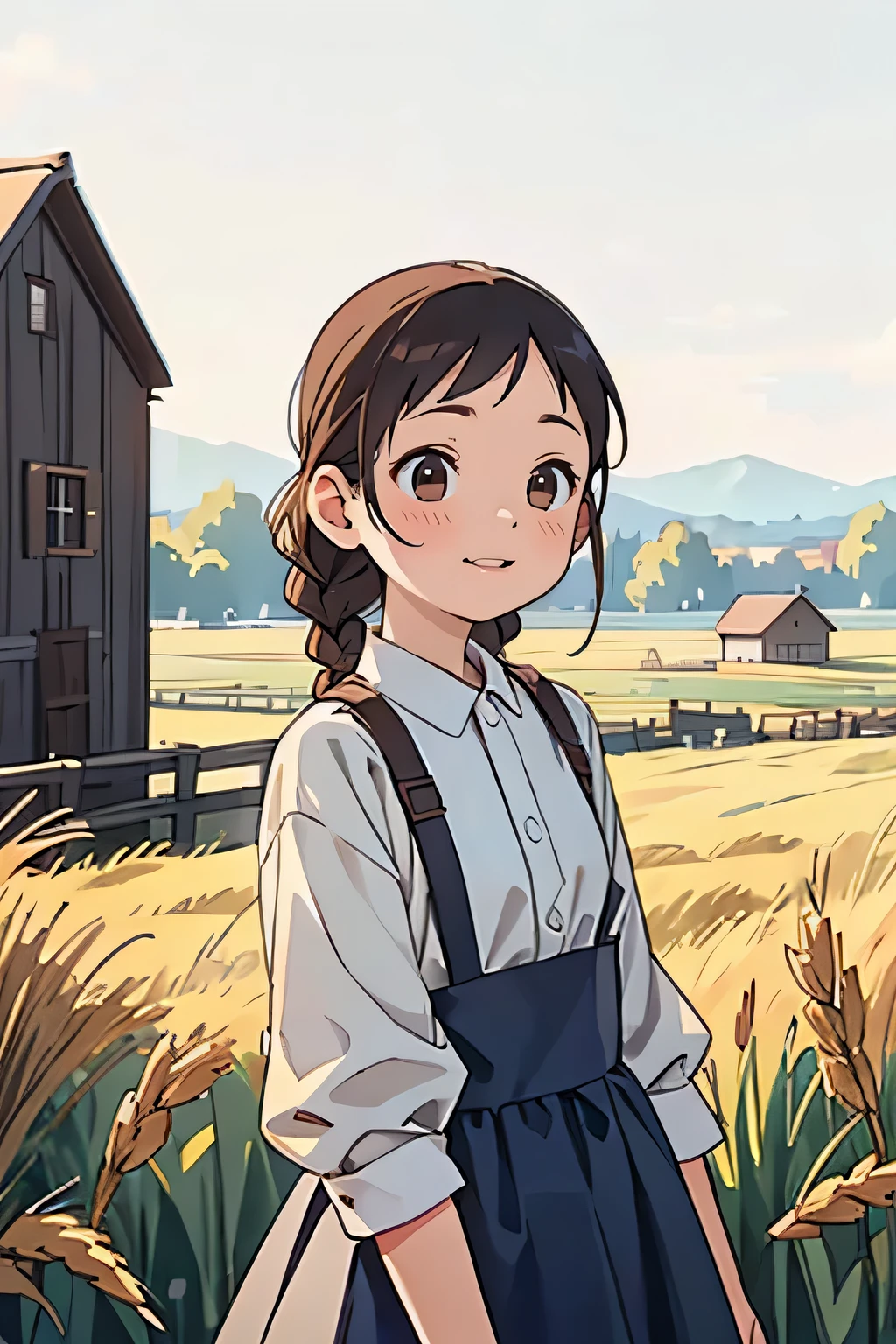 One girl, 20-year-old, Tall and attractive, Wearing a cute country dress, Braided hair, Standing on a rural farm. She's gentle, A kind smile and expressive eyes. A charming barn can be seen in the background., Golden wheat fields and clear blue skies. The composition should be bathed in warm golden hour light., The soft depth of field and soft bokeh accentuate the idyllic tranquility.. Capture images that look like they were shot on vintage 35mm film for added impact, movie,