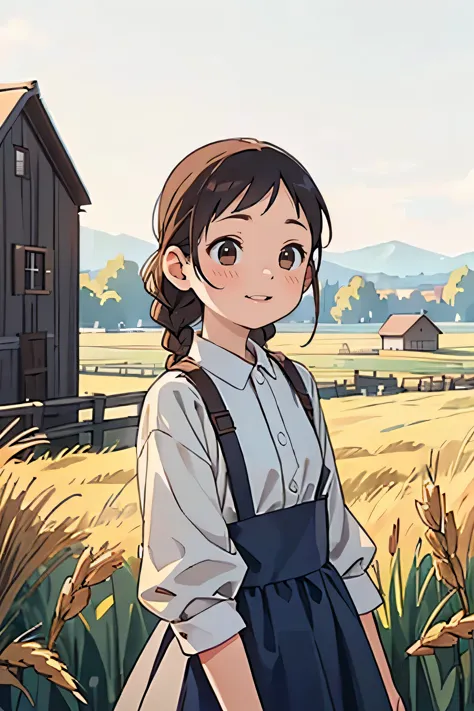 One girl, 20-year-old, Tall and attractive, Wearing a cute country dress, Braided hair, Standing on a rural farm. She's gentle, ...
