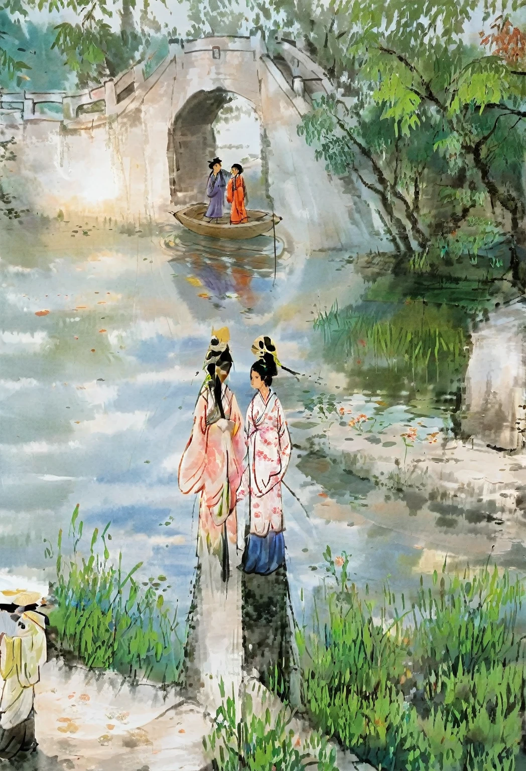 这是Ink Painting，Fan Zeng style，大写意Ink Painting，（（Ink Painting）），bridge，Boat，Two women，目送Boat只，Afternoon light，International Oil Painting Master，masterpiece，International Art Exhibition Award-winning Works，Ink Painting效果明显，Rice paper，Graininess，