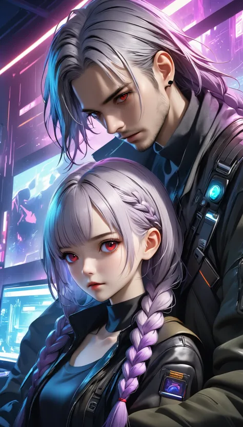 a cyberpunk couple, a stylish man with red eyes, short black hair in a sharp side part, a female game programmer with purple eye...