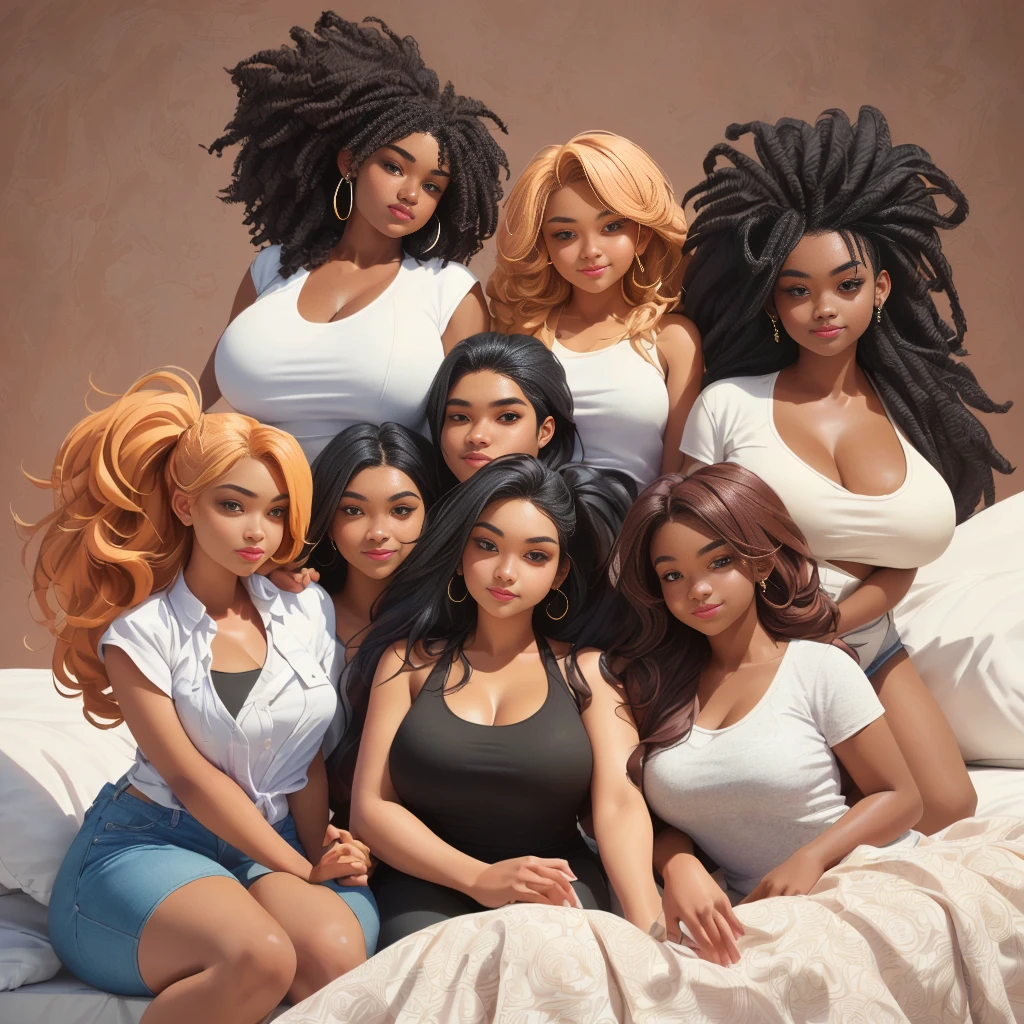 (A single black man laying on his back, in-bed wearing shorts, in-center of composition) A diverse group of five young adult Americans, representing different ethnicities and characteristics, wearing yoga-pants and tank-tops, displays their unique beauty with perfect bodies, large breasts, wide thicc-hips, Among them, there are blonde young adult girls with auburn hair, emanating an air of natural elegance. Brown young adult girls with silky locks and a captivating sheen show off their exotic beauty. Also present are black young adult girls with stunning curly hair, highlighting their authenticity and cultural pride, (the women surround a singular BLACK MAN with short-hair, from all sides) (in a bed) the women kiss the singular Black Man, touch the singular Black man, masterpiece, high details, high quality, best quality.