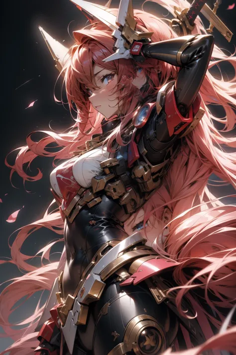 high quality、high resolution、beautiful、Crimson Red Long Hair、Anime girl with a sword, Best Anime 4K Konachan Wallpaper, Detailed...