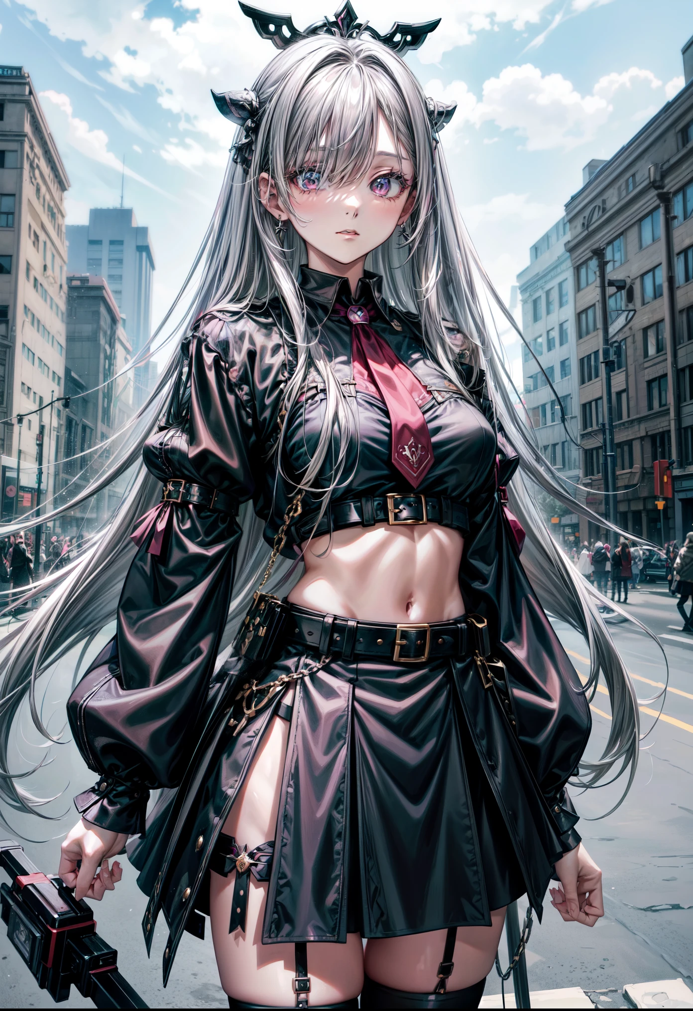 masterpiece, best quality, centered, cowboy shot, highres, Elizabeth, 1girl, jewelry, single thighhigh, (long silver hair, hair over one eye), midriff, black skirt, asymmetrical legwear, pink shirt, black thighhighs, belt, miniskirt, landscape, standing, standing, portrait, upper body