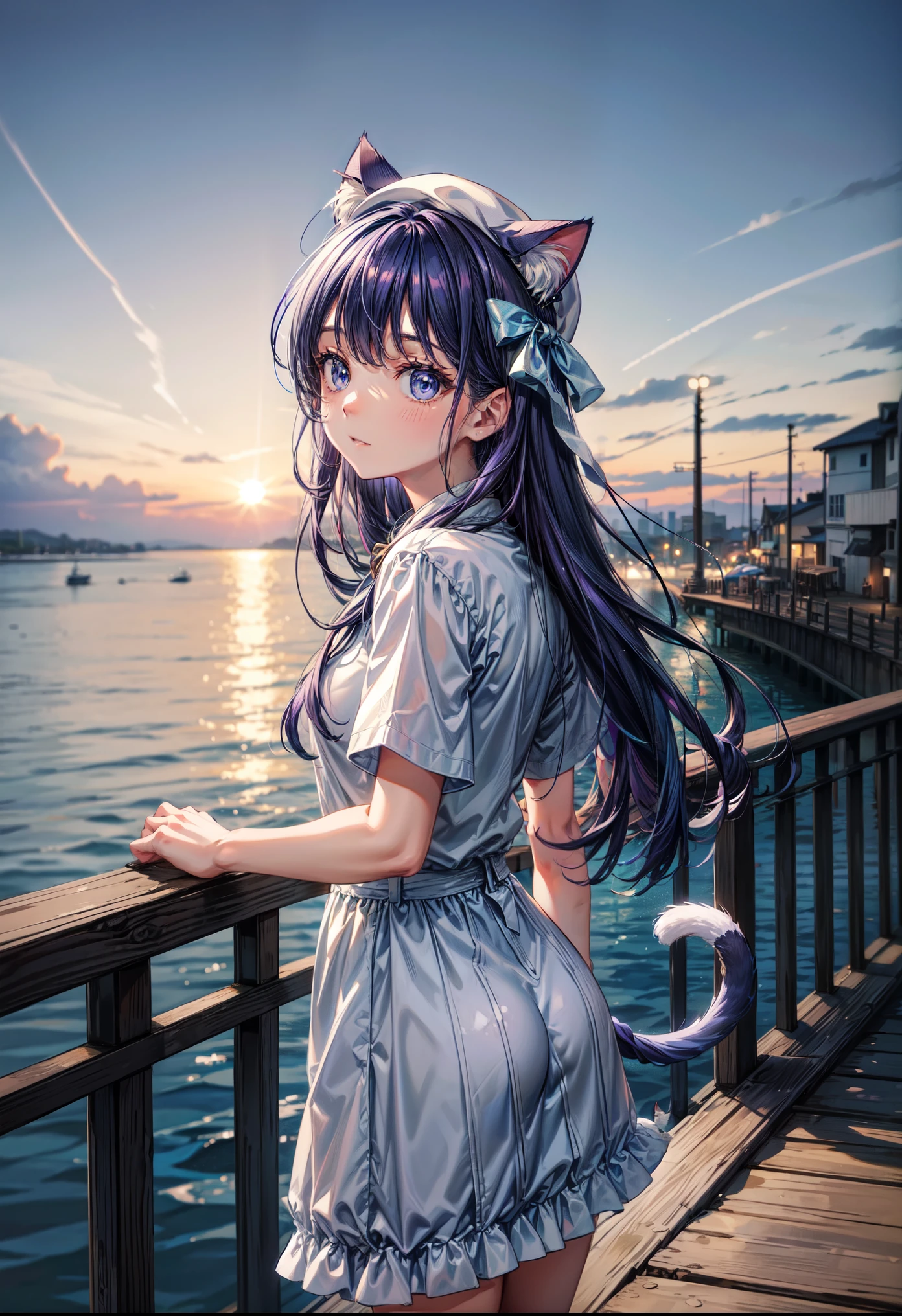 Blue T-shirt、Wearing a white hat、((Cat))、Seaside town、cute、look back、In 8K、Large file size、When watching the audience、 Overlooking the cityscape、Midnight,detailed、Long Hair,pastel colour、Purple Hair