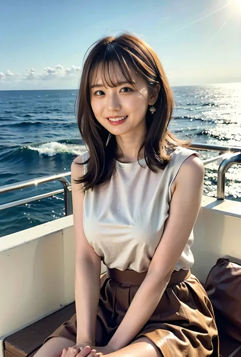 Side Ponytail、Brown Hair、The sky was dyed red、A woman in cute clothes is sitting on a boat and watching the sunset、Her huge brea...