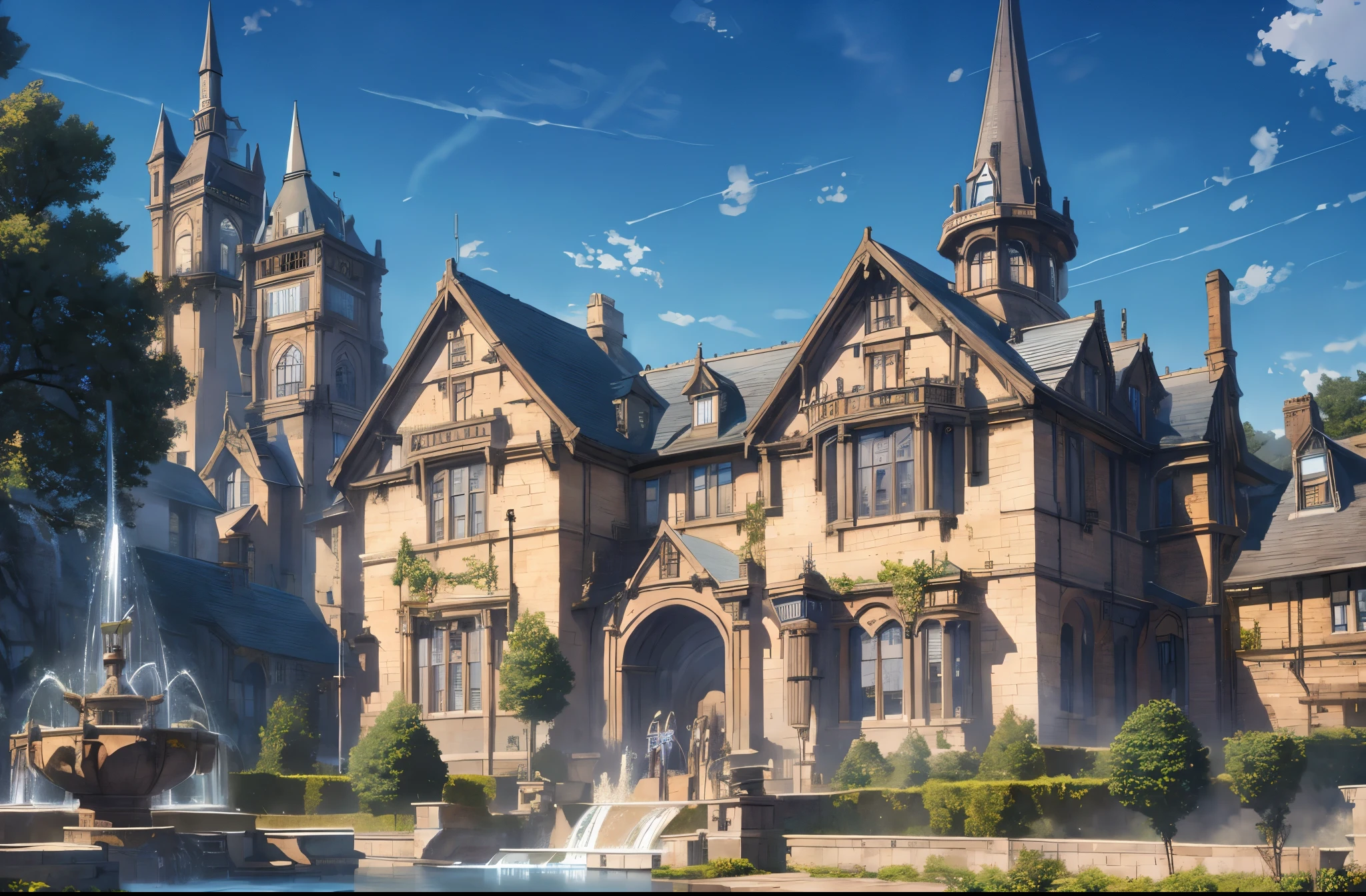 Steampunk,Grand bâtiment,fontaine devant,maison de luxe,école de magie,Maçonnerie,flèche,toit bleu,animé,Une illustration,4k,8k,la plus haute qualité