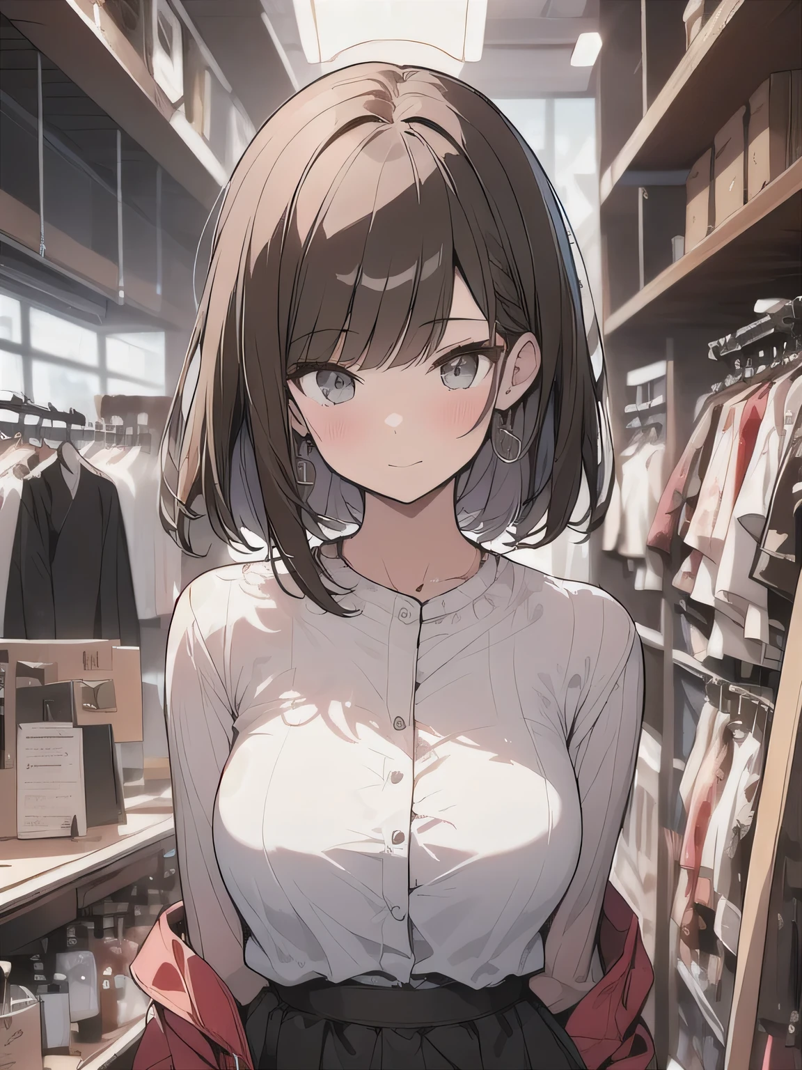 (best quality), (Super detailed), (Best Illustration), (masterpiece), score_9, score_8_up, score_7_up, 4k, upper body,
A woman with brown hair and a bob, Stylish apparel shop,