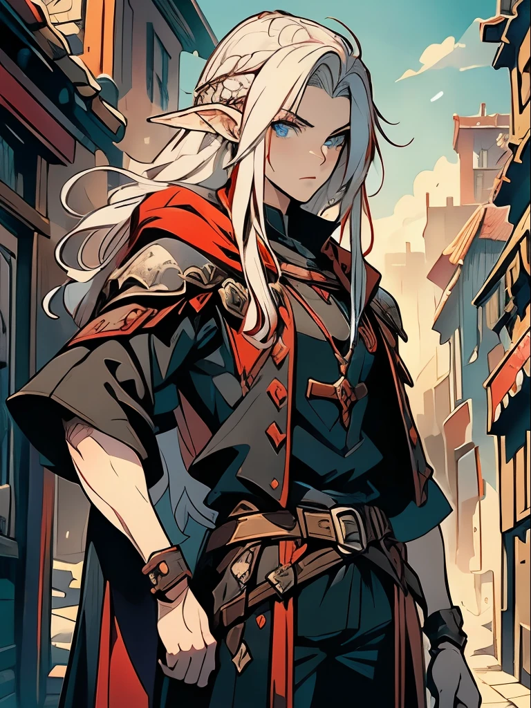 Young 20s handsome elf ,man, long red and white hair, wearing black wizard outfit, with serious face, blue eyes, character, anime, RPG, hand-drawn, high details, medieval city background