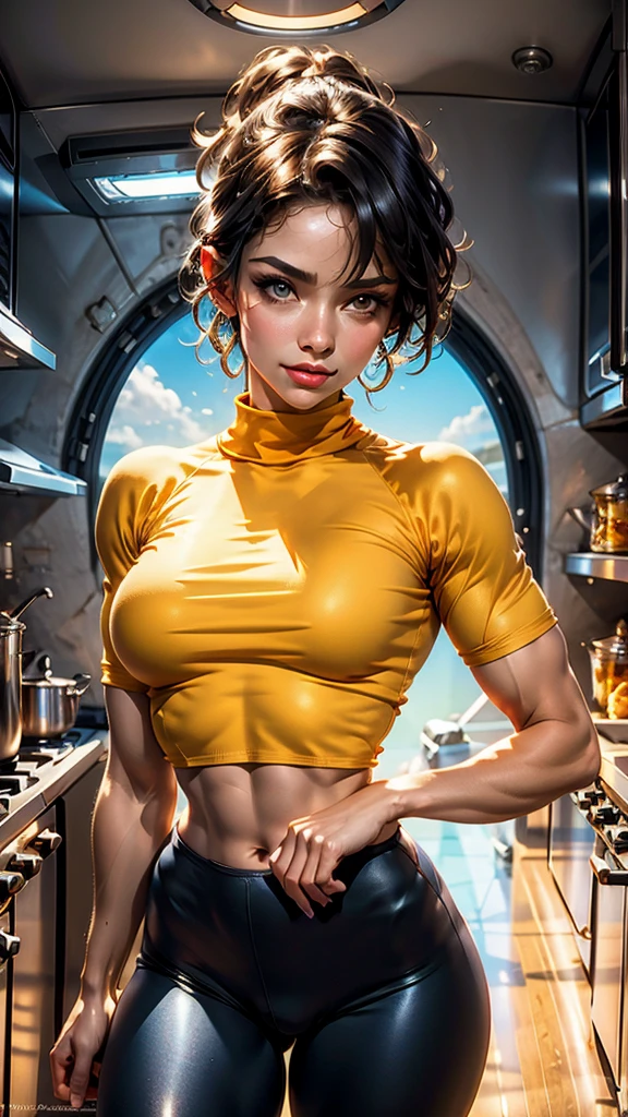 1girl, Velma Dace Dinkley, bodybuilder, short hair, (medium breasts), making breakfast, side lit, soft lighting, depth of field, sharp focus, masterpiece, (realistic:1.37), (photorealistic:1.37), HDR, UHD, (ultra-detailed:1.2), (extremely detailed:1.2), (highly detailed:1.2), physically-based rendering, vivid colors, low-rise yoga pants, cropped orange turtleneck, view from below, (gentle femdom), veiny muscles