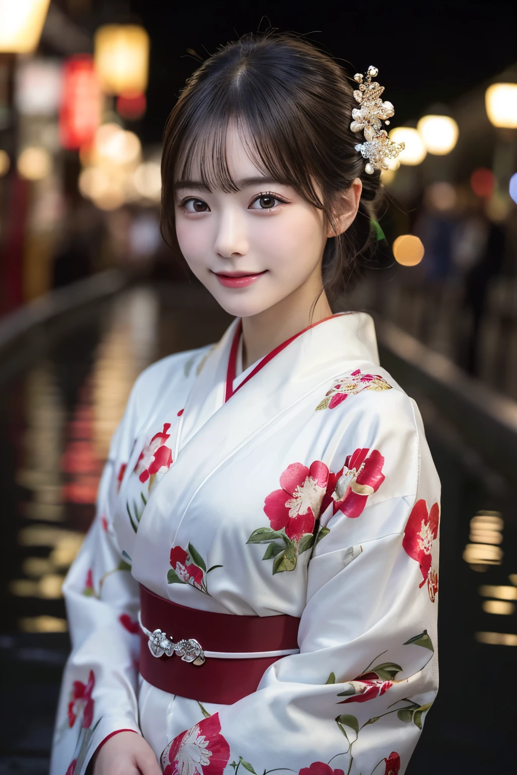 （kimono）、(highest quality、8k、High resolution、masterpiece:1.2)、Very detailed、(Realistic、photoRealistic、photo-Realistic:1.3)、bokeh、Portraiture、(Natural and detailed eyes、beautiful girl、Young face、Detailed face、No makeup)、Backlight、、smile、Caustics、Asakusa Bridge、cinematic lighting