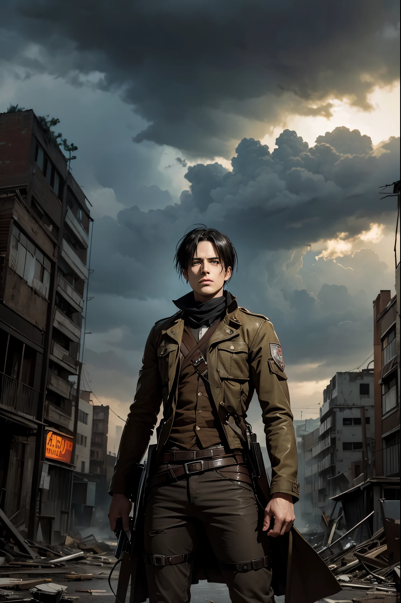 /imaginar pronto: Un retrato fotográfico de Levi de Attack on Titan, con una expresión seria, Características nítidas, y ojos intensos, parado con confianza frente a un paisaje urbano devastado por la guerra. El fondo muestra edificios en ruinas y un cielo tormentoso., mejorar el estado de ánimo de caos y determinación. Iluminación de alto contraste con sombras que enfatizan sus rasgos faciales., estilo cinematográfico, calidad de alta definición, aspecto natural, Influencias del anime, Texturas detalladas, Alto rango dinámico, pose orientada a la acción, ángulo recto --ar 2:3 - en 6.0