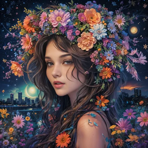 beautiful woman with flowers in her hair, bright colors, outdoors, night sky, city park, looking at viewer