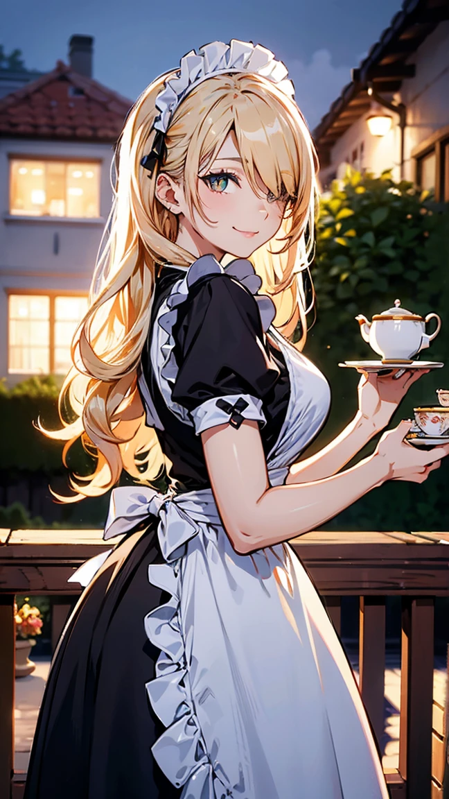 (Masterpiece, best quality), (ultra high resolution, 8K RAW photo, photo realistics:1.5, textile shading, thin outline), Beautuful Matured woman preparing tea-party in the garden, (tea set, tea pot, tea cups, some cakes on dish), Gothic table, wearing traditional dark-brown maid uniform, maid costume:1.2, long flare skirts, apron, Tall and long legs,, wearing rimless grasses, (milf:1.5, 41 years old, solo), ( narrow waist), (long white hair, hair over one eye, updo, side lock, asymmetric hair, wavy hair), (bright pupils, detailed eyes, high detailed face, Perfect face shape, eye rush), (seductitve smiling, half-closing eyes), (looking at viewers:1.3), (dynamic angle, tighs focus, from side below:1.2), ((correct anatomy:1.5, correct hands)), (Smiling cutely), outdoor, glass garden, 