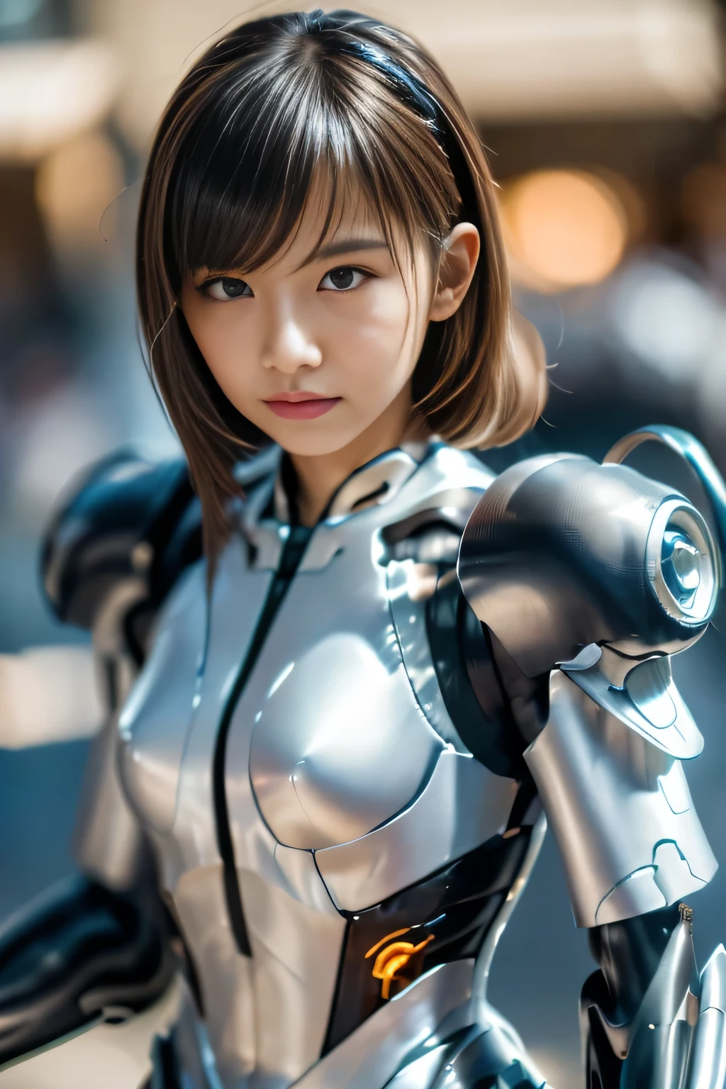 Tight Combat Suit, (Masterpiece:1.3), (8K), (Best Quality:1.4), (UHD:1.2), (Photorealistic:1.3), (Raw Photography), (1girl), (Ultra High Detailed), (Detailed face), (Detailed hair), Beautiful hair, bangs, (symmetrical eyes:1.3), (Detailed eyes), (Detailed skin), Realistic skin, Ultra high definition, (slim figure), 22yo, 
( short wave hairl:1.3 ), 

( wearing a cyberpunk battle suits:1.3, intricate parts, wiring, Luminous components, Shoulder armour, Ultraman's 3-minute timer), 
at cliff tip, sunset, backlight, red-orange sky, strong winds,