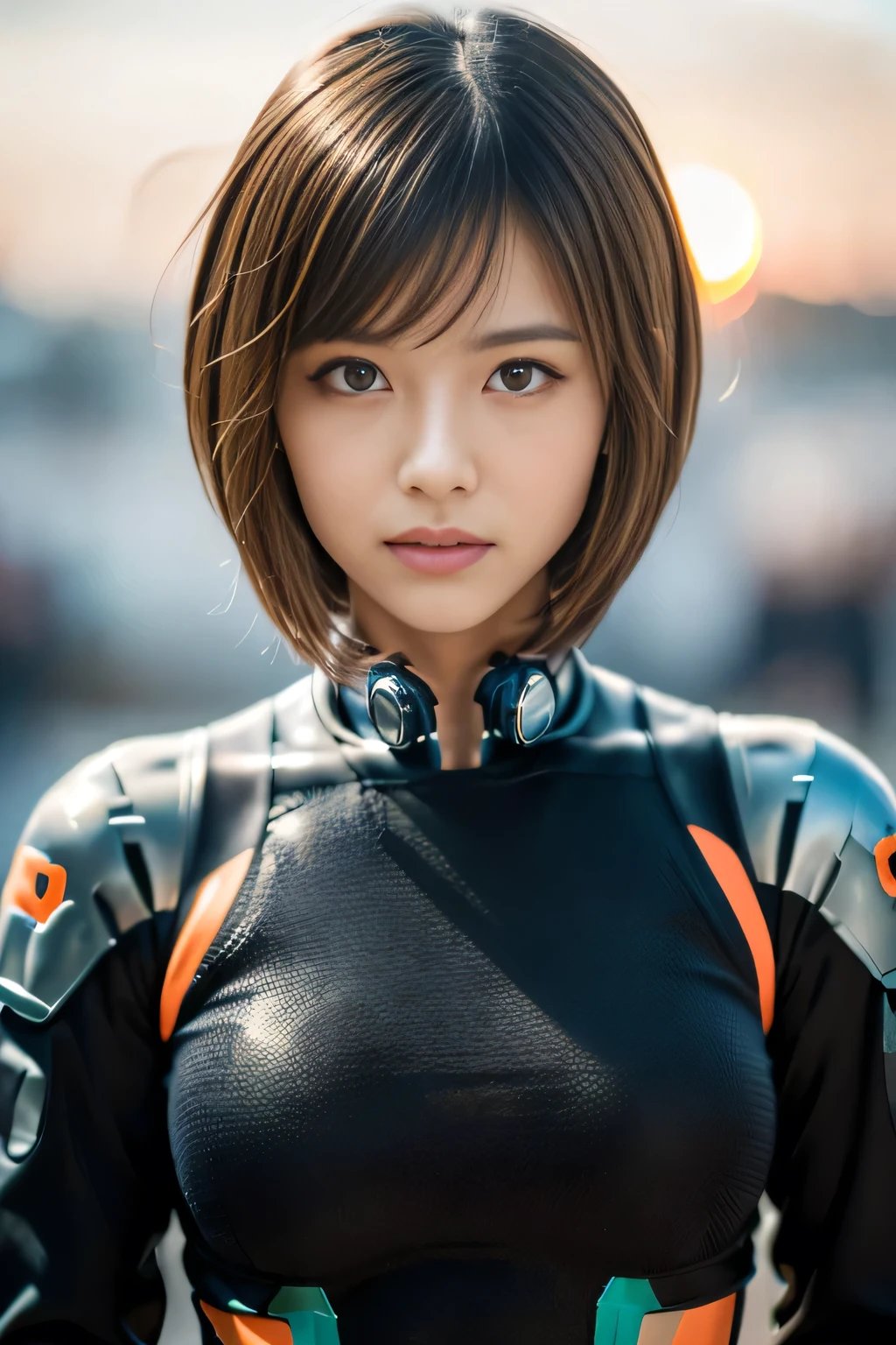 Tight Combat Suit, (Masterpiece:1.3), (8K), (Best Quality:1.4), (UHD:1.2), (Photorealistic:1.3), (Raw Photography), (1girl), (Ultra High Detailed), (Detailed face), (Detailed hair), Beautiful hair, bangs, (symmetrical eyes:1.3), (Detailed eyes), (Detailed skin), Realistic skin, Ultra high definition, (slim figure), 25yo, 
( short bob layered cut:1.3 ), 

( wearing a cyberpunk battle suits:1.3, 
at cliff tip, sunset, backlight, red-orange sky, strong winds,