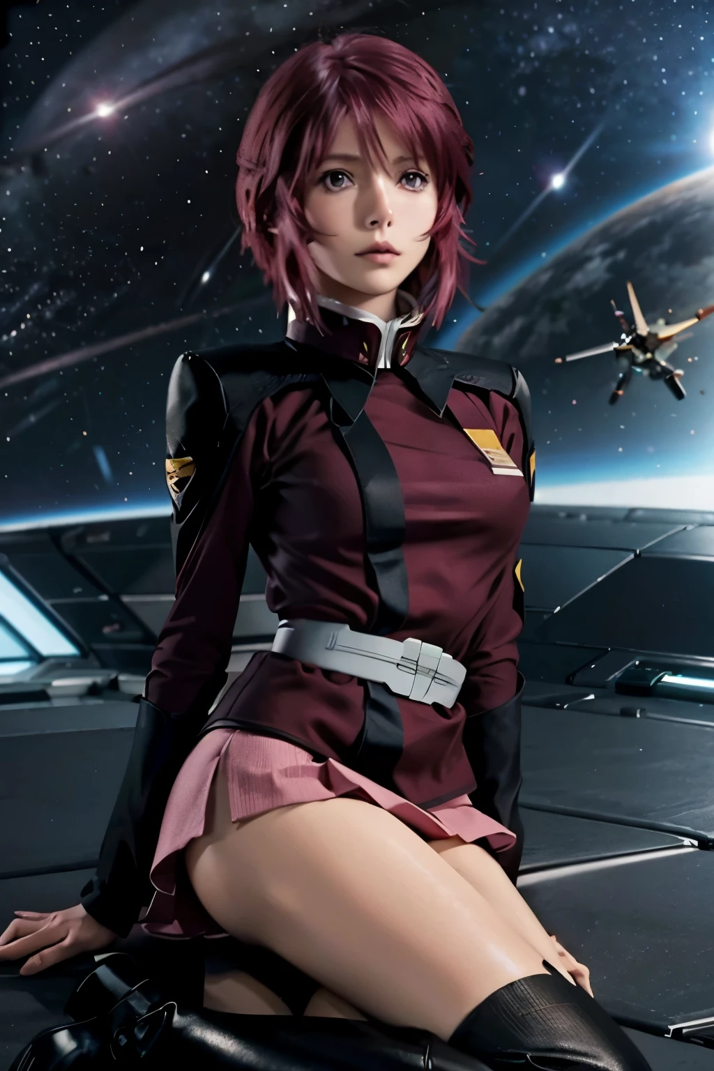 Create a highly realistic, photo-quality image of a young woman who resembles Lunamaria Hawke from Gundam Seed Destiny. She has short, bright red hair styled with a distinctive side fringe and striking purple eyes. Her expression should be a warm and confident smile. She is wearing a military-style uniform that includes a high-collared fitted red jacket, a short black skirt, and knee-high black boots. The uniform should have detailed, realistic textures and materials, such as fabric folds and stitching. The setting should be a futuristic environment with elements like advanced technology and a space backdrop. Ensure the image is photorealistic, capturing intricate details of her appearance, outfit, and the background, with realistic lighting and shadows.
1girl, solo, short hair, ahoge, red hair, purple eyes, purple hair, pink skirt, military uniform