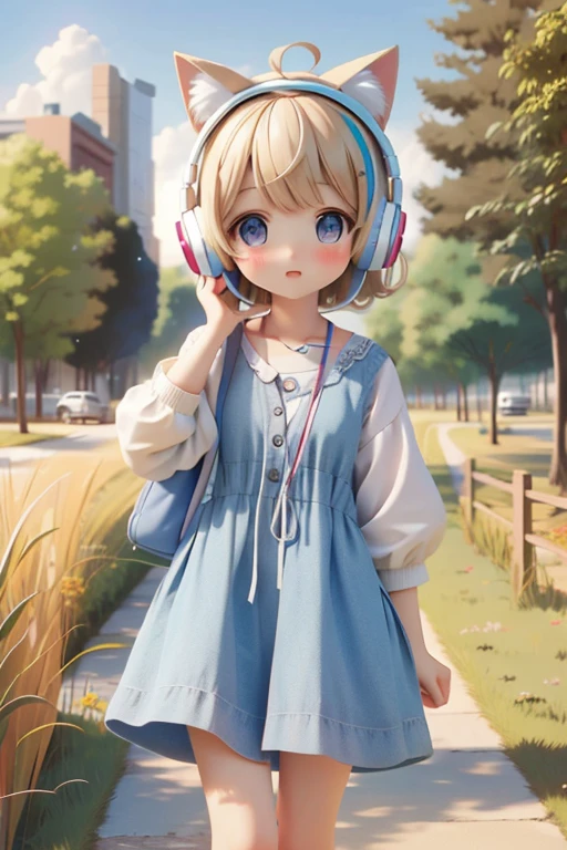 One girl、short hair、In the grassland、Light blue clothes、Put cat ears and headphones on your head、Blonde