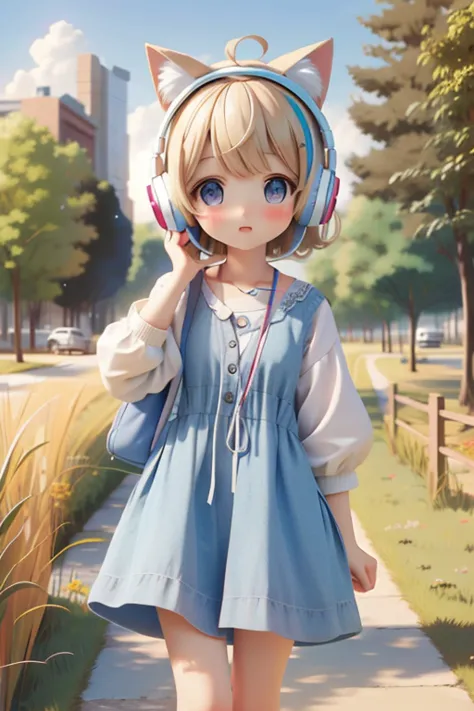 one girl、short hair、in the grassland、light blue clothes、put cat ears and headphones on your head、blonde