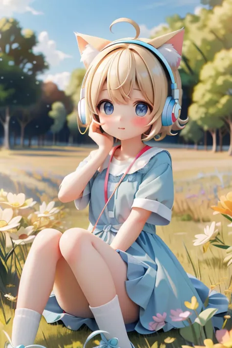 one girl、short hair、in the grassland、light blue clothes、put cat ears and headphones on your head、blonde