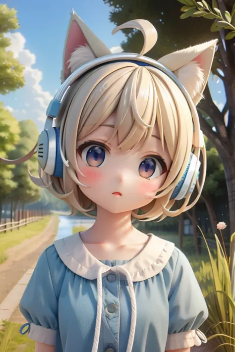 one girl、short hair、in the grassland、light blue clothes、put cat ears and オレンジ色の headphones on your head、blonde、cool