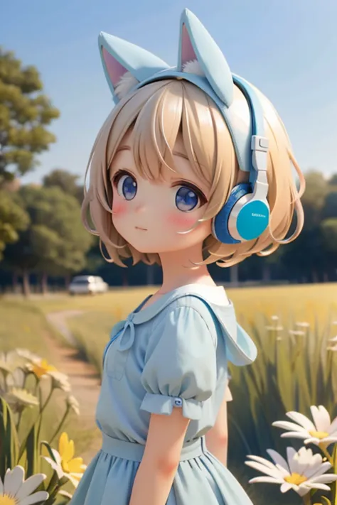 one girl、short hair、in the grassland、light blue clothes、put cat ears and オレンジ色の headphones on your head、blonde、cool