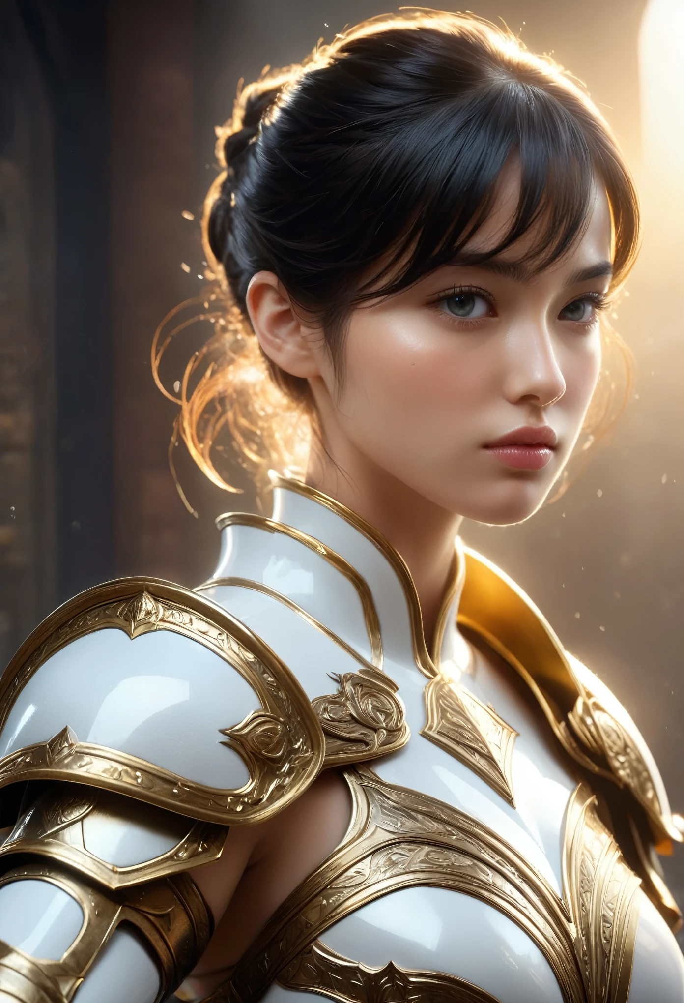 (best quality,4k,8k,highres,masterpiece:1.2),ultra-detailed,(Ultra-realistic, photorealistic,photo-realistic:1.37), the most beautiful girl in the universe, (holding a white and golden shield:1.5), (detailed shield:1.4), toned, muscular, the most beautiful face, long eyelashes, detailed beautiful eyes, high nose, knight, medieval, fantasy, heroic, dramatic lighting, cinematic, epic, vibrant colors, highly detailed, 4k, photorealistic, concept art, pretty, detailed beautiful eyes, bun hair, jet black hair, whole body, full body, Beautiful jeweled buckle, Well-trained thick muscular thighs, super detailed skin texture, moist skin, Eyes that hide a burning determination, Intricately designed armour bordered with intricate carvings