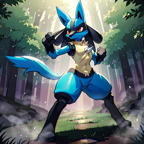Lucario, standing, chest spike, forest, wearing handcuffed, big thighs, dynamic pose, combat pose, epic, cinematic lighting, vol...