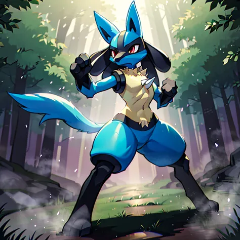 lucario, standing, chest spike, forest, wearing handcuffed, big thighs, dynamic pose, combat pose, epic, cinematic lighting, vol...