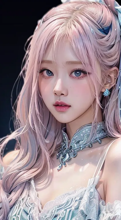 Realistic style, woman, oriental, 25 years old, long white hair with pink highlights, blue eyes, silver dress with pink and blac...