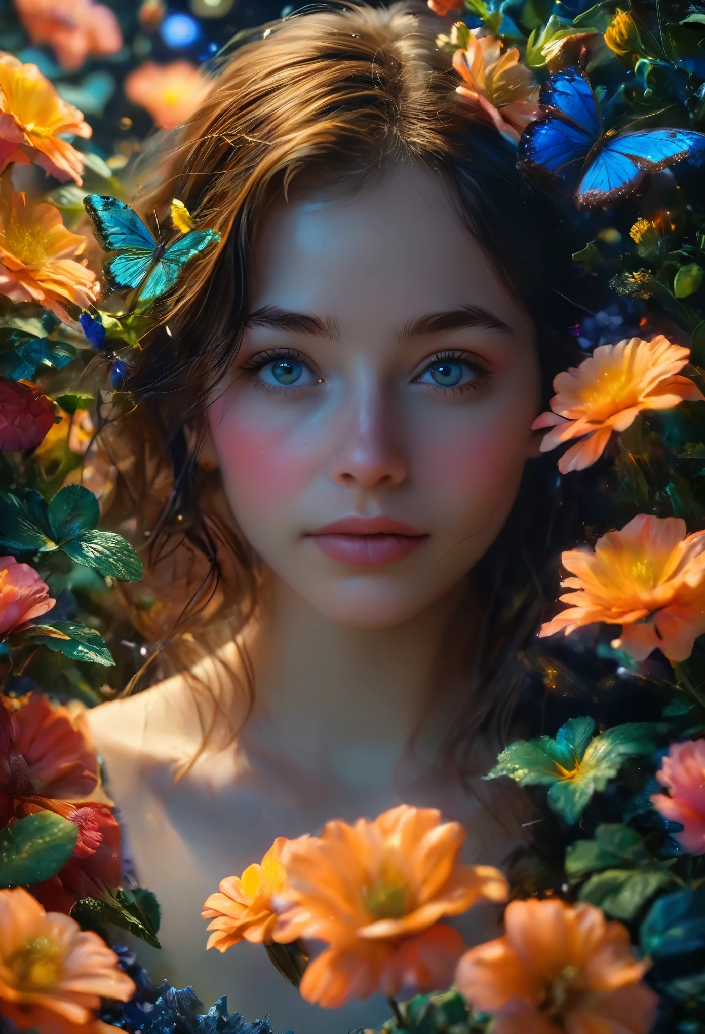 (best quality,4k,8k,highres,masterpiece:1.2),ultra-detailed,(Ultra-realistic, photorealistic,photo-realistic:1.37), a beautiful young girl with a shy smile in a lush garden at night, detailed high resolution 8k photo, detailed background, dutch angle wide shot, detailed girl with beautiful eyes, nose, and lips, detailed flowers, starry night sky, (best quality,4k,8k,highres,masterpiece:1.2),ultra-detailed,(realistic,photorealistic,photo-realistic:1.37),HDR,UHD,studio lighting,ultra-fine painting,sharp focus,physically-based rendering,extreme detail description,professional,vivid colors,bokeh,portrait,photography