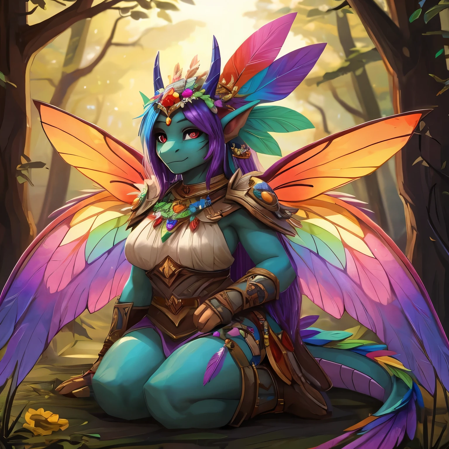 anthromorph, shortstack, world_of_warcraft, fairy_dragon, dragon, 1female, fairy_wings, feather_on_head, rainbow_coloured_wings, rainbow_wing, colourful_fairy_wings, dragon_fins, feather_jewellery, rainbow_feathers, tranquil_forest_background, rainbow_coloured_skin, colourful_skin, no_hair, one_blind_eye, one_eye_blind, four_fingers, 