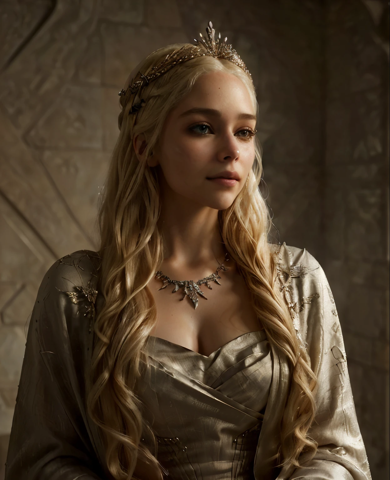 Close-up of a woman with long blond hair wearing a shawl, Daenerys, Daenerys targaryen, shot from Game of Thrones, Film texture，Backlight，High Contrast，2.8 large apertures，(Extremely detailed CG),(((8K))),wallpaper,((Extremely exquisite and beautiful)),(((masterpiece))),(((Best quality))),(((Ultra-high resolution))),Beautiful light,Realistic shadows,(Smooth and flawless fair skin:1.5),(Extremely delicate facial details:1.2),(Extremely detailed:1.5),(Upper Body:1.3)，Wearing linen clothes，Fair face，Smile，Blonde hair glowing in the sun，Full breasts，Wearing a golden crown on his head，The expression is firm，Surrealism, traditional media, (Chromatic Aberration, Intricate details), Dynamic poses,Dynamic angle, , HDR, High resolution