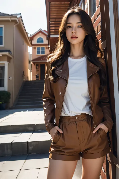 A woman is climbing the stairs of a building, standing outside the house, Writer: In front of the two-story house, movie costume...