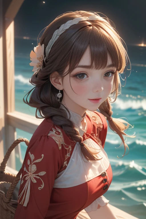 (perky chest:1.2), (pointed chest:1.2),(farmhouse entrance:1.3),(((Red Tunic:1.3))),(((apples and bread in the basket),Cute and beautiful girl,Cute round face,Cute smile,with blush cheeks,Red Lip,(brown hair,Floral braided headband,half up、Floral Braided Space Van,Voluminous Fishtail Braids,Twisted chignon,),(Bangs are see-through bangs),hair pin,hair adornments,detailed clothes features,Detailed hair features,detailed facial features,(Dynamic angles),(Dynamic and sexy poses),clothes that emphasize big breasts,Cinematic Light,(masutepiece,top-quality,Ultra-high resolution output image,depth of fields,intricate detailes,Make the subject look three-dimensional with the contrast of light and shadow,) ,(The 8k quality,Anatomically accurate facial structure,),(Sea Art 2 Mode:1.3),(Image Mode Ultra HD,) 
