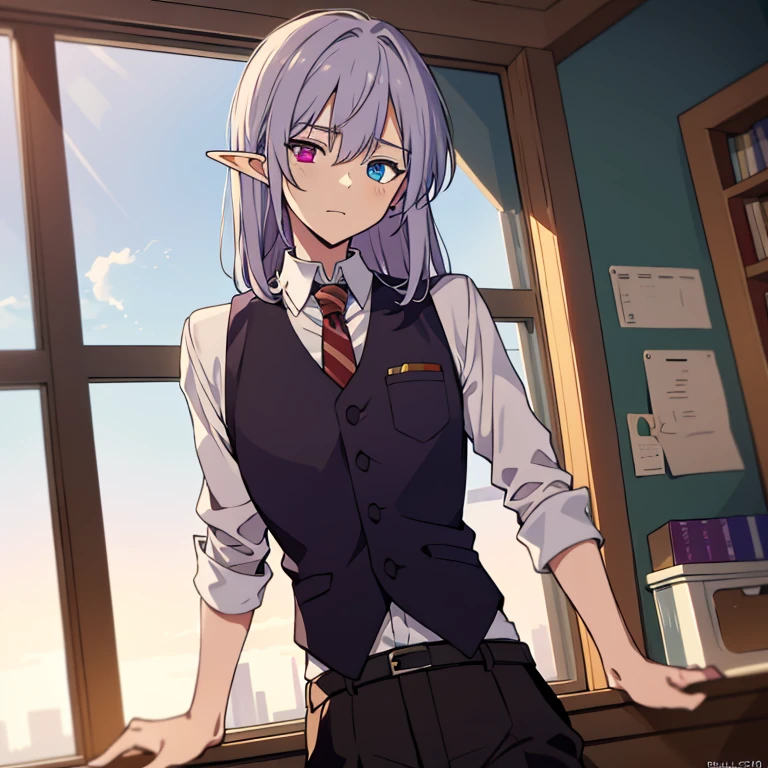 (One mature man), (Purple and blue heterochromia), Cool 男 elf, Tie up your silver straight hair, Please wear a long shirt and vest, Wearing slacks, Thinking about something, (highest quality,4K,8k,High resolution,masterpiece:1.2), Highly detailed facial expressions, Intricate details, Natural light, Warm colors, Soft Focus, Digital Painting, Fantasy art, animation, Thin arms