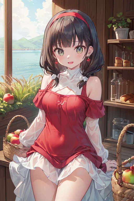 (perky chest:1.2), (pointed chest:1.2),(farmhouse entrance:1.3),(((Red Tunic:1.3))),(((apples and bread in the basket),Cute and beautiful girl,Cute round face,Cute smile,with blush cheeks,Red Lip,solo, looking at viewer, open mouth, have a cute grass of cute beergrass,black hair, dark green eyes, dress, bare shoulders, jewelry, collarbone, sidelocks, hairband, earrings, indoors, off shoulder, sweater, arms behind back, plant, short hair with long locks, gild hairband, off-shoulder dress, sweater dress, off-shoulder sweater, red sweater, dark gord hair, big side hair, very long side hair,is rendered in (masterpiece: 1.2, best quality), with (ultra high resolution) and an exquisite (depth of field). ,(Bangs are see-through bangs),hair pin,hair adornments,detailed clothes features,Detailed hair features,detailed facial features,(Dynamic angles),(Dynamic and sexy poses),clothes that emphasize big breasts,Cinematic Light,(masutepiece,top-quality,Ultra-high resolution) ,(The 8k quality,Anatomically accurate facial structure,),(Sea Art 2 Mode:1.3),(Image Mode Ultra HD,) 
