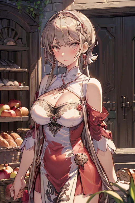 (perky chest:1.2), (pointed chest:1.2),(farmhouse entrance:1.3),(((Red Tunic:1.3))),(((apples and bread in the basket),Cute and beautiful girl,Cute round face,Cute smile,with blush cheeks,Red Lip,solo, looking at viewer, open mouth, have a cute grass of cute beergrass,black hair, dark green eyes, dress, bare shoulders, jewelry, collarbone, sidelocks, hairband, earrings, indoors, off shoulder, sweater, arms behind back, plant, short hair with long locks, gild hairband, off-shoulder dress, sweater dress, off-shoulder sweater, black sweater, dark gord hair, big side hair, very long side hair,is rendered in (masterpiece: 1.2, best quality), with (ultra high resolution) and an exquisite (depth of field). ,(Bangs are see-through bangs),hair pin,hair adornments,detailed clothes features,Detailed hair features,detailed facial features,(Dynamic angles),(Dynamic and sexy poses),clothes that emphasize big breasts,Cinematic Light,(masutepiece,top-quality,Ultra-high resolution) ,(The 8k quality,Anatomically accurate facial structure,),(Sea Art 2 Mode:1.3),(Image Mode Ultra HD,) 
