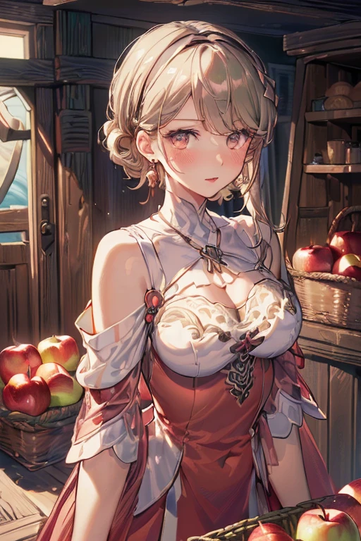 (perky chest:1.2), (pointed chest:1.2),(farmhouse entrance:1.3),(((Red Tunic:1.3))),(((apples and bread in the basket),Cute and beautiful girl,Cute round face,Cute smile,with blush cheeks,Red Lip,solo, looking at viewer, open mouth, have a cute grass of cute beergrass,black hair, dark green eyes, dress, bare shoulders, jewelry, collarbone, sidelocks, hairband, earrings, indoors, off shoulder, sweater, arms behind back, plant, short hair with long locks, gild hairband, off-shoulder dress, sweater dress, off-shoulder sweater, black sweater, dark gord hair, big side hair, very long side hair,is rendered in (masterpiece: 1.2, best quality), with (ultra high resolution) and an exquisite (depth of field). ,(Bangs are see-through bangs),hair pin,hair adornments,detailed clothes features,Detailed hair features,detailed facial features,(Dynamic angles),(Dynamic and sexy poses),clothes that emphasize big breasts,Cinematic Light,(masutepiece,top-quality,Ultra-high resolution) ,(The 8k quality,Anatomically accurate facial structure,),(Sea Art 2 Mode:1.3),(Image Mode Ultra HD,) 
