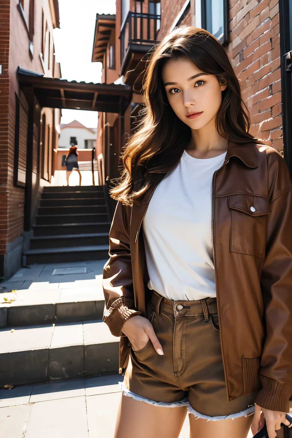 A woman is climbing the stairs of a building, standing outside the house, Writer: In front of the two-story house, movie costume pictures, Beautiful woman wearing a brown jacket over a red sleeveless t-shirt, brown clothes, loose brown shorts, brown jacket with long sleeves,  (Highly detailed facial expressions), 