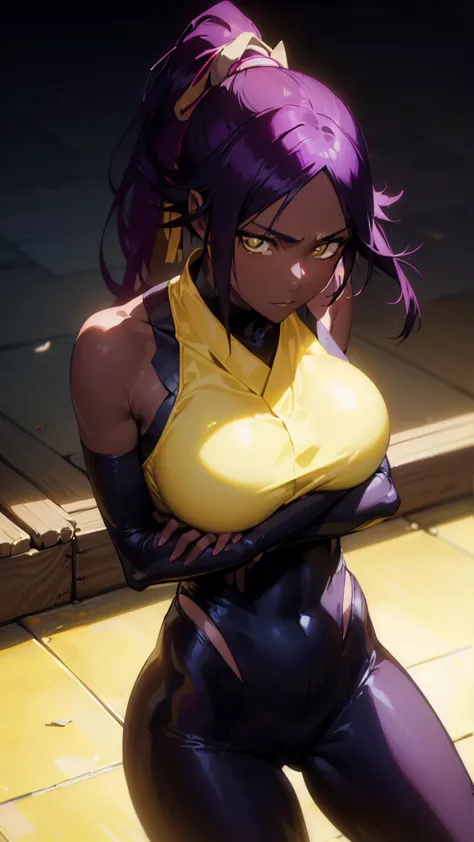 yoruichishihouin, yoruichi shihouin, Long Hair, (Yellow Eyes:1.5), ponytail, Purple Hair, Dark Skin, Woman with dark skin,Squat、...