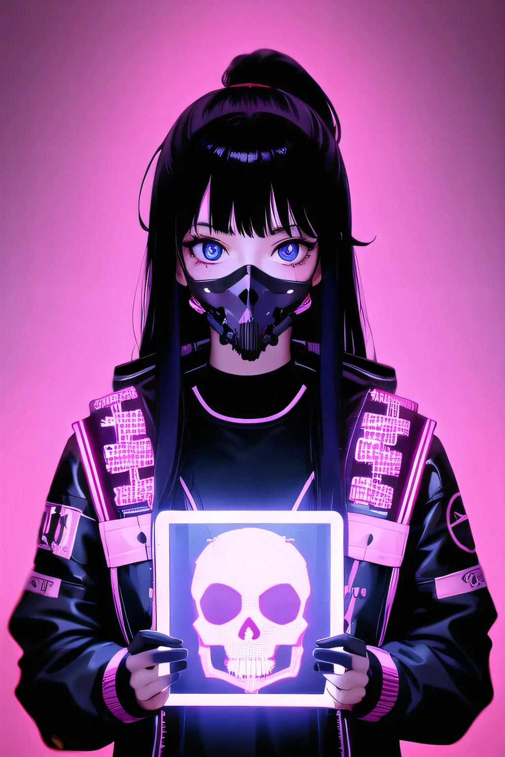 One girl, alone, mask, View Viewer, Long Hair, skull, Upper Body, Black Hair, mouth mask, Holding, blue eyes, Long sleeve, Food, Pink Background, Holding skull, Halftone, cable,Neon Light,(cyber punk:1.2), 