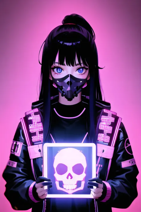 One girl, alone, mask, View Viewer, Long Hair, skull, Upper Body, Black Hair, mouth mask, Holding, blue eyes, Long sleeve, Food,...