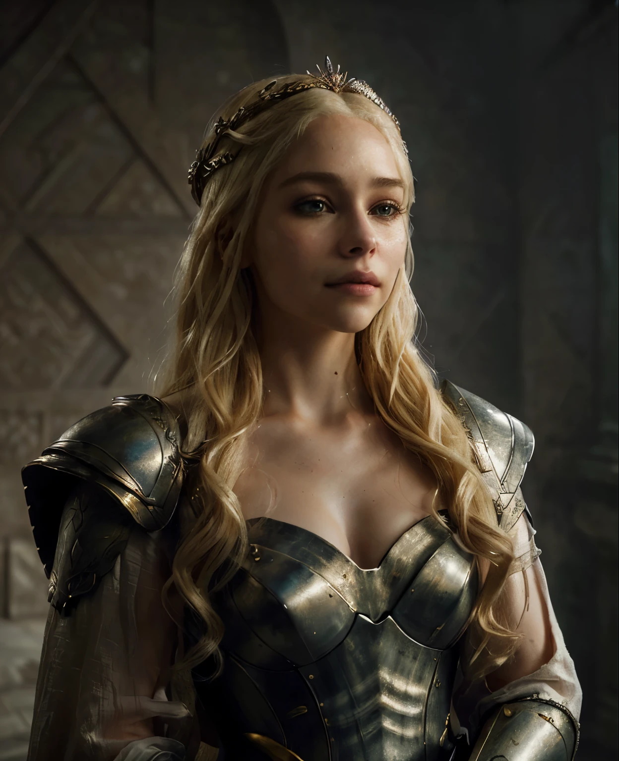 panoramic， A woman with long blond hair, Daenerys, Daenerys targaryen, shot from Game of Thrones, A huge dragon breathing fire is flying behind him.，Film texture，Backlight，High Contrast，(Extremely detailed CG),(((8K))),wallpaper,((Extremely exquisite and beautiful)),(((masterpiece))),(((Best quality))),(((Ultra-high resolution))),Beautiful light,Realistic shadows,(Smooth and flawless fair skin:1.5),(Extremely delicate facial details:1.2),(Extremely detailed:1.5),(Upper Body:1.3)，He has linen armor，Fair face，Smile，Blonde hair glowing in the sun，In his right hand he holds a flaming sword，Full breasts，Wearing a golden crown on his head，The expression is firm，sideways，Surrealism, traditional media, (Chromatic Aberration, Intricate details), Dynamic poses,Dynamic angle, , HDR, High resolution，