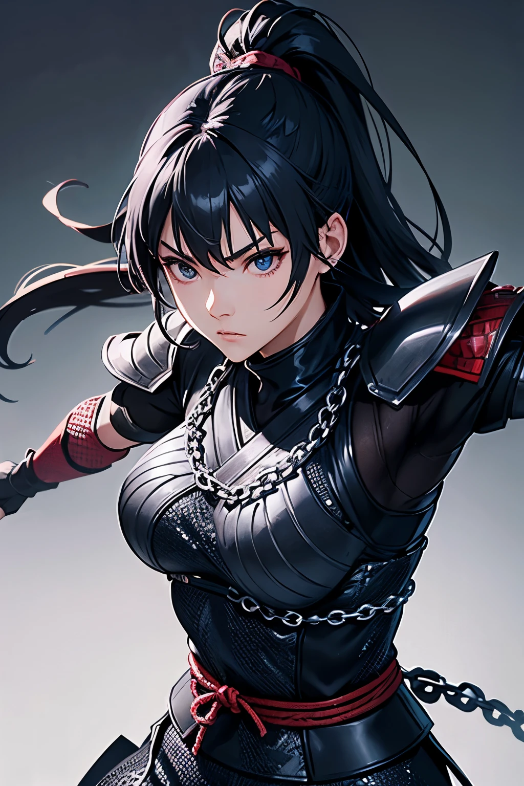 Japanese Ninja Girl、Wearing chain mail combat gear、alone、Beautiful and dignified face、Fighting pose、A tense composition、Simple Background、4K Anime Art、highest quality、high resolution、masterpiece、