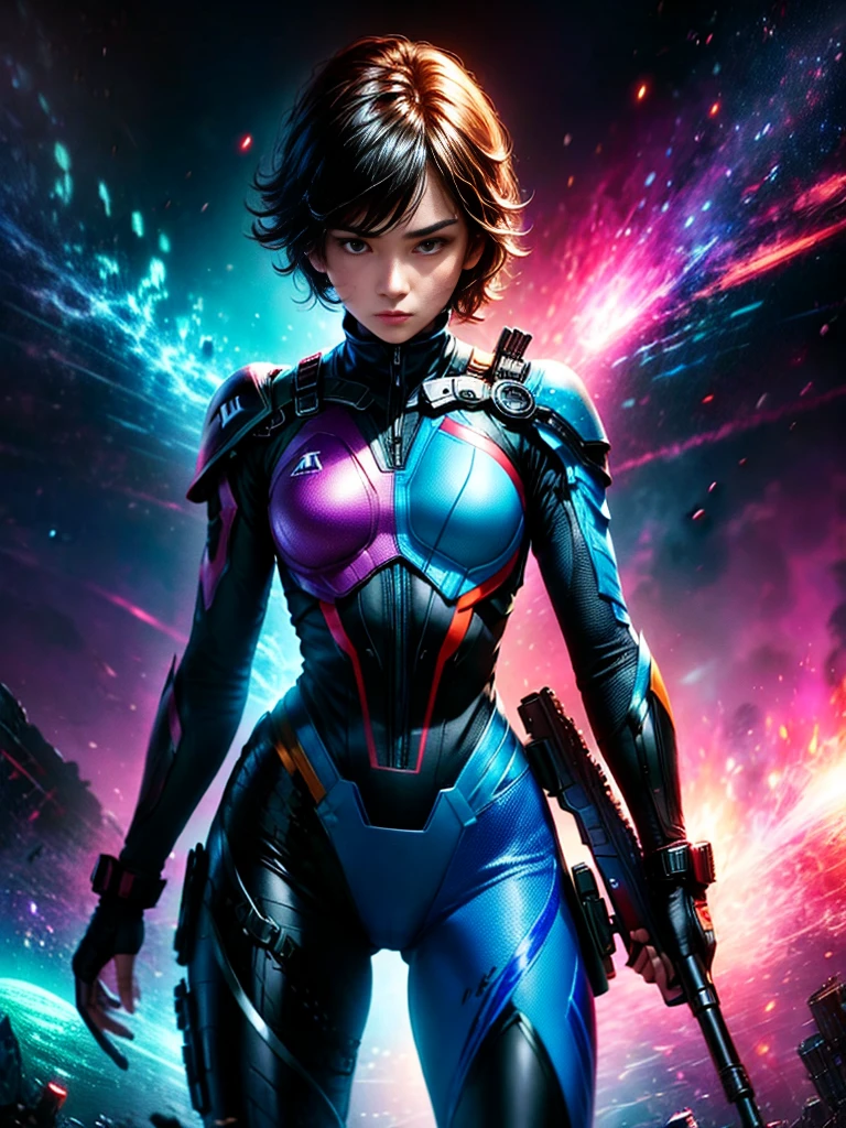 best qualityer，tmasterpiece，Ultimate resolution，downy，Extremely colorful，Colorful，Women combatants，a matural male, boy solo, holding gun，Tight combat suit，tightsuit，cosmic background，the night，Normal posture，Normal posture