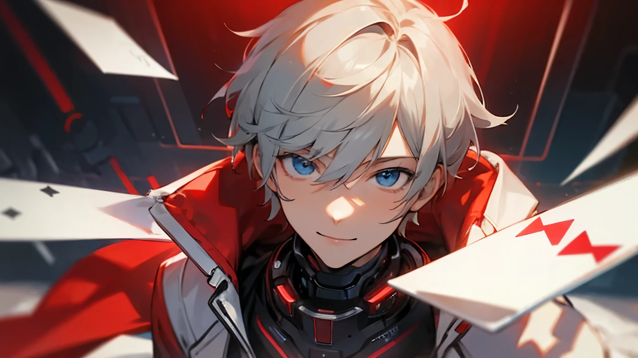 good looking, alone, 1 male, short hair, Gray Hair, Red highlights on hair tips, Bright Blue Eyes, White and red clothes, Smile Facial, Futuristic, cyber punk, card, You say, gambler